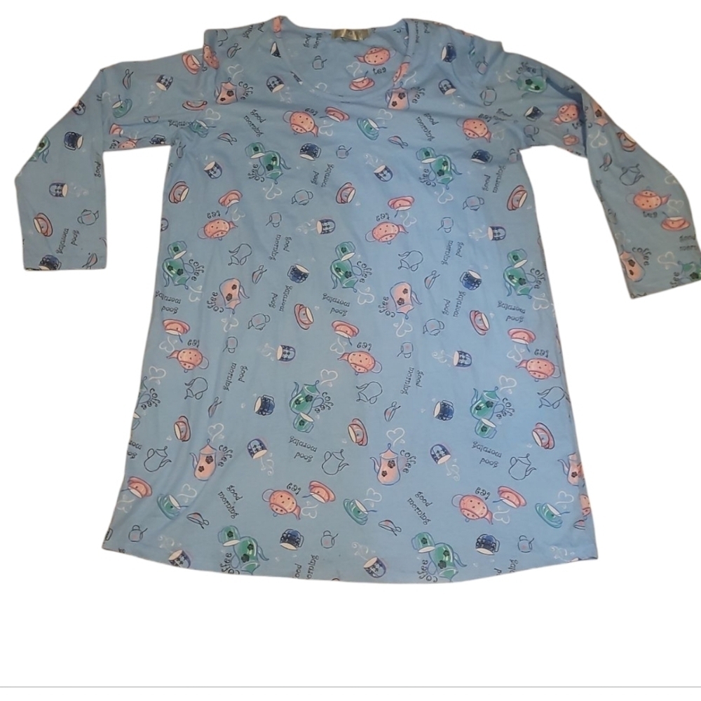 mia lucee light blue knit good morning coffee pot cup sleep tee nightgown large